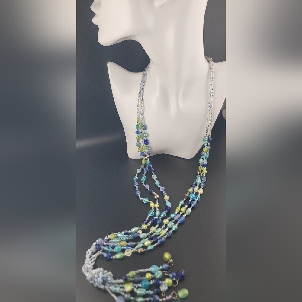 Vintage Blue, Green and Turquoise Glass Hand Beaded Triple Layer Tassel Necklace